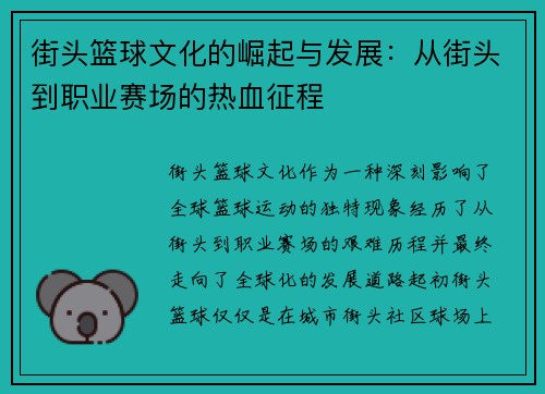 街头篮球文化的崛起与发展：从街头到职业赛场的热血征程