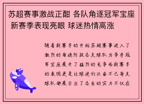 苏超赛事激战正酣 各队角逐冠军宝座 新赛季表现亮眼 球迷热情高涨