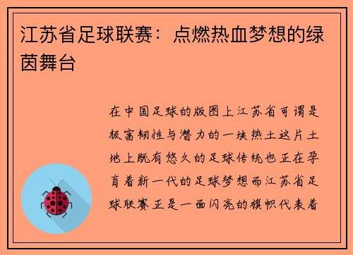 江苏省足球联赛：点燃热血梦想的绿茵舞台